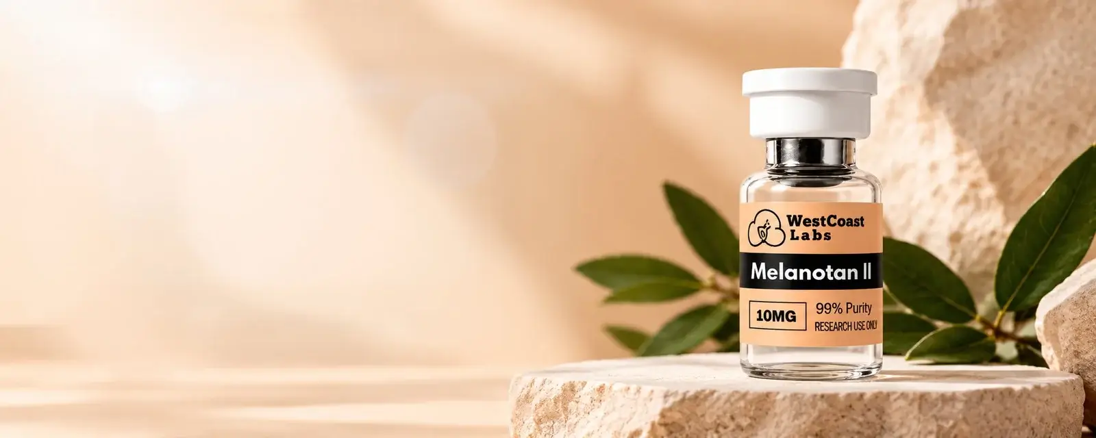 West Coast Labs research peptide vial on a stone pedestal